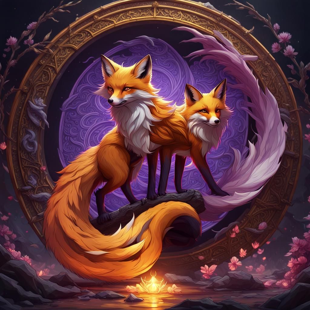 Nine-Tailed Fox with Yin Yang in Dark Fantasy Style