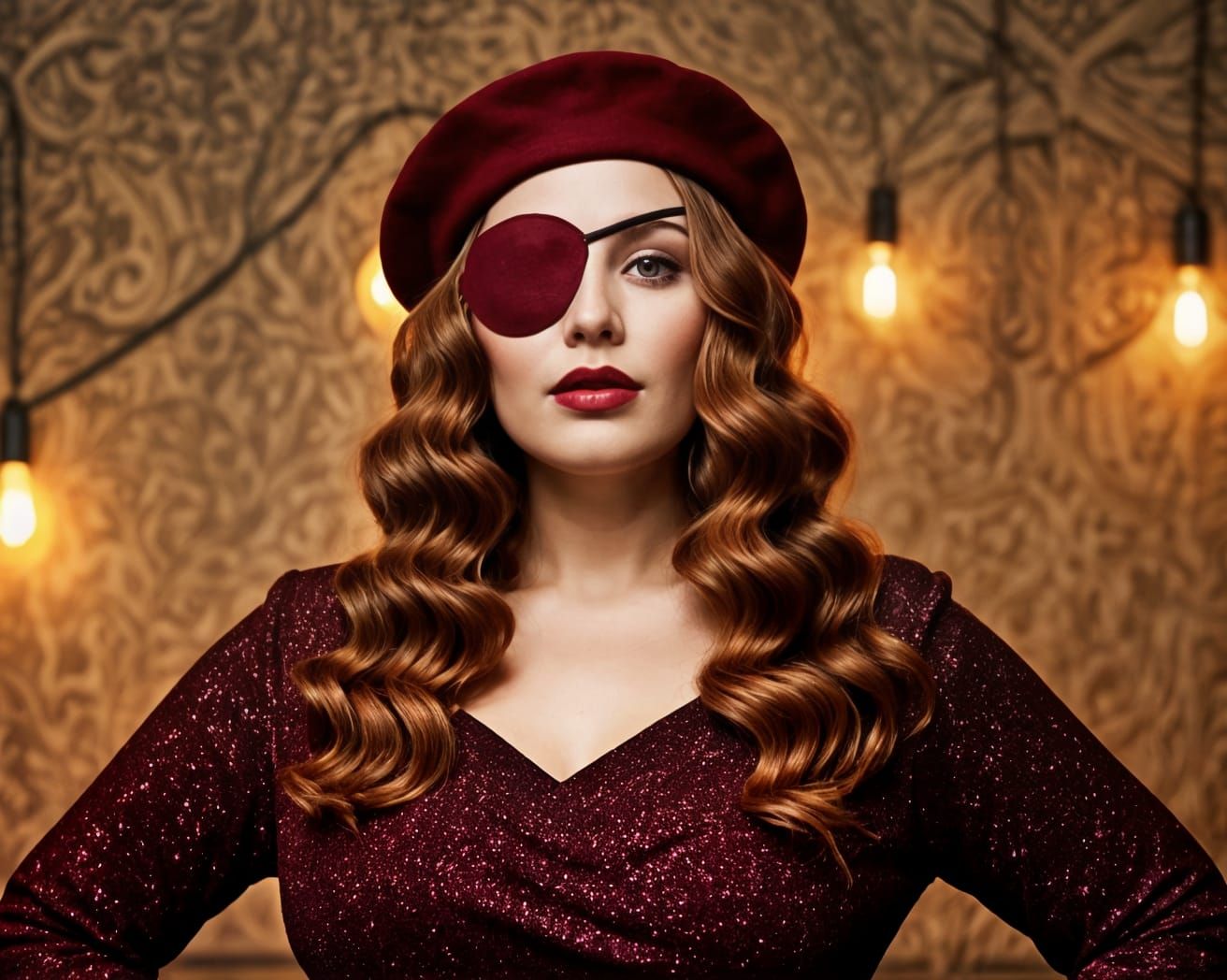 Glamorous French Woman in Burgundy Red Glitter Dress and Ber...