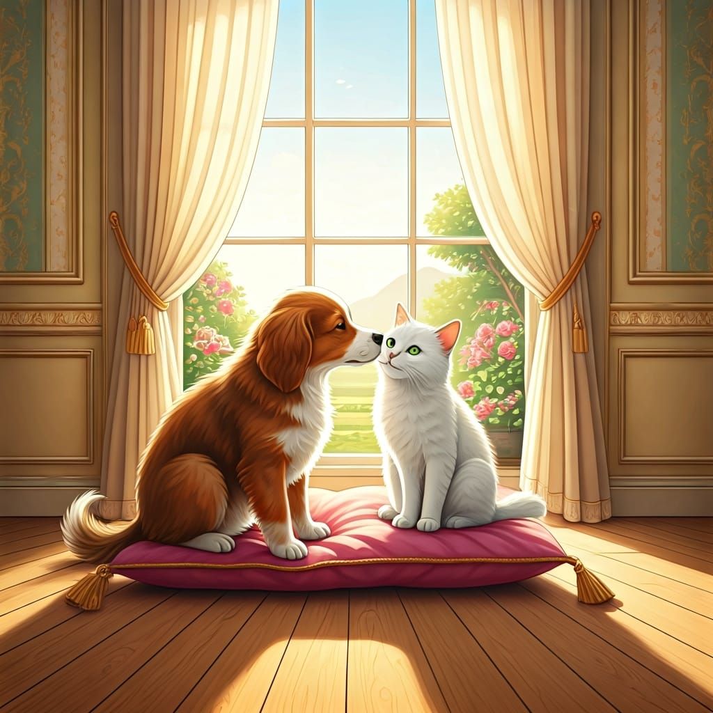 Dog Kisses Cat: Whimsical Illustration in Potter Style
