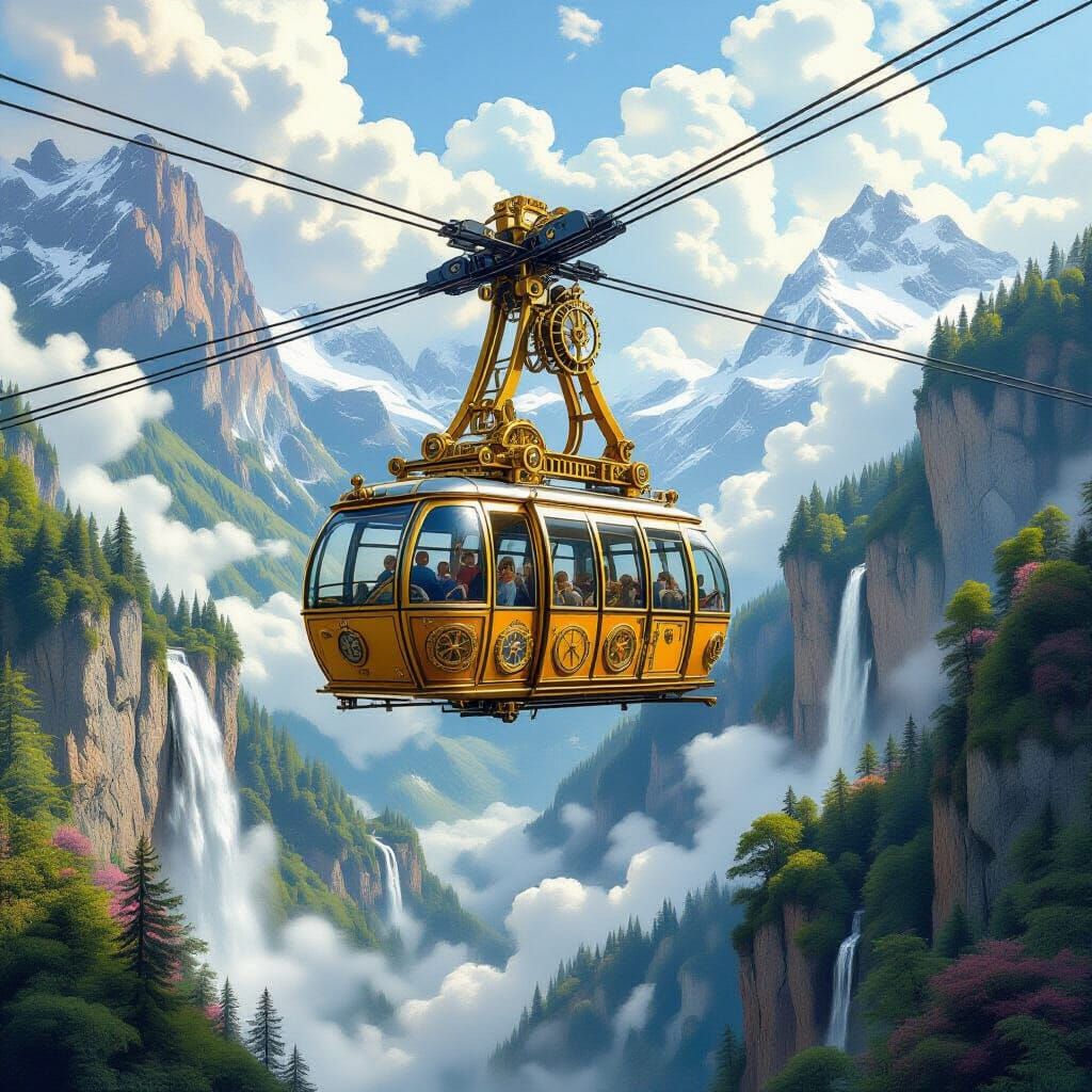 Clockwork Cable Car Above Swiss Alps Waterfalls