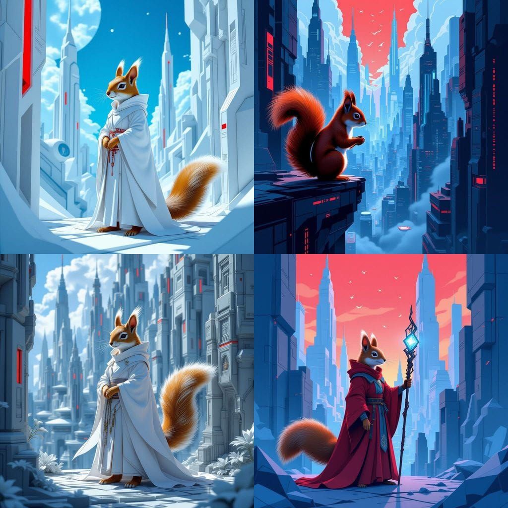 Squirrel Mage in Origami Utopia: Minimalist Futuristic Art