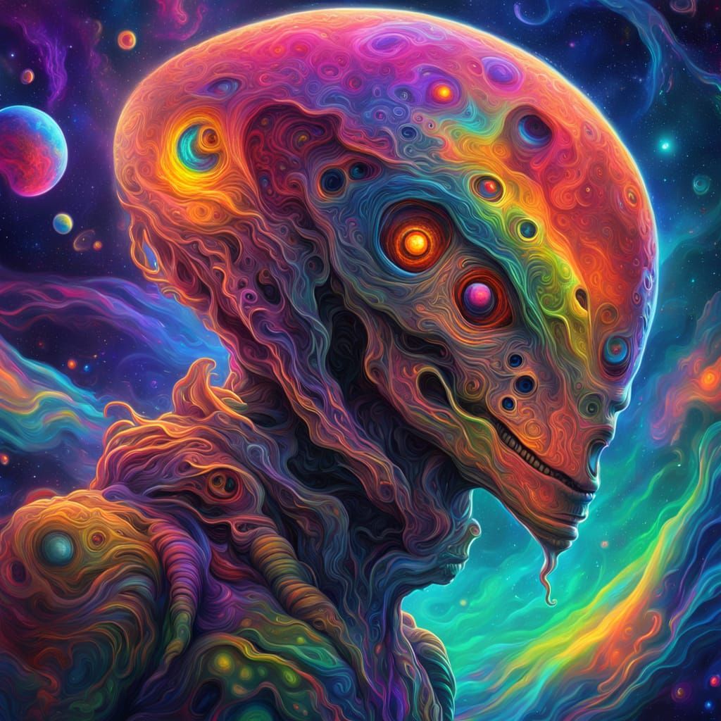 Surreal Alien in Cosmic Space, Vibrant Oil Painting