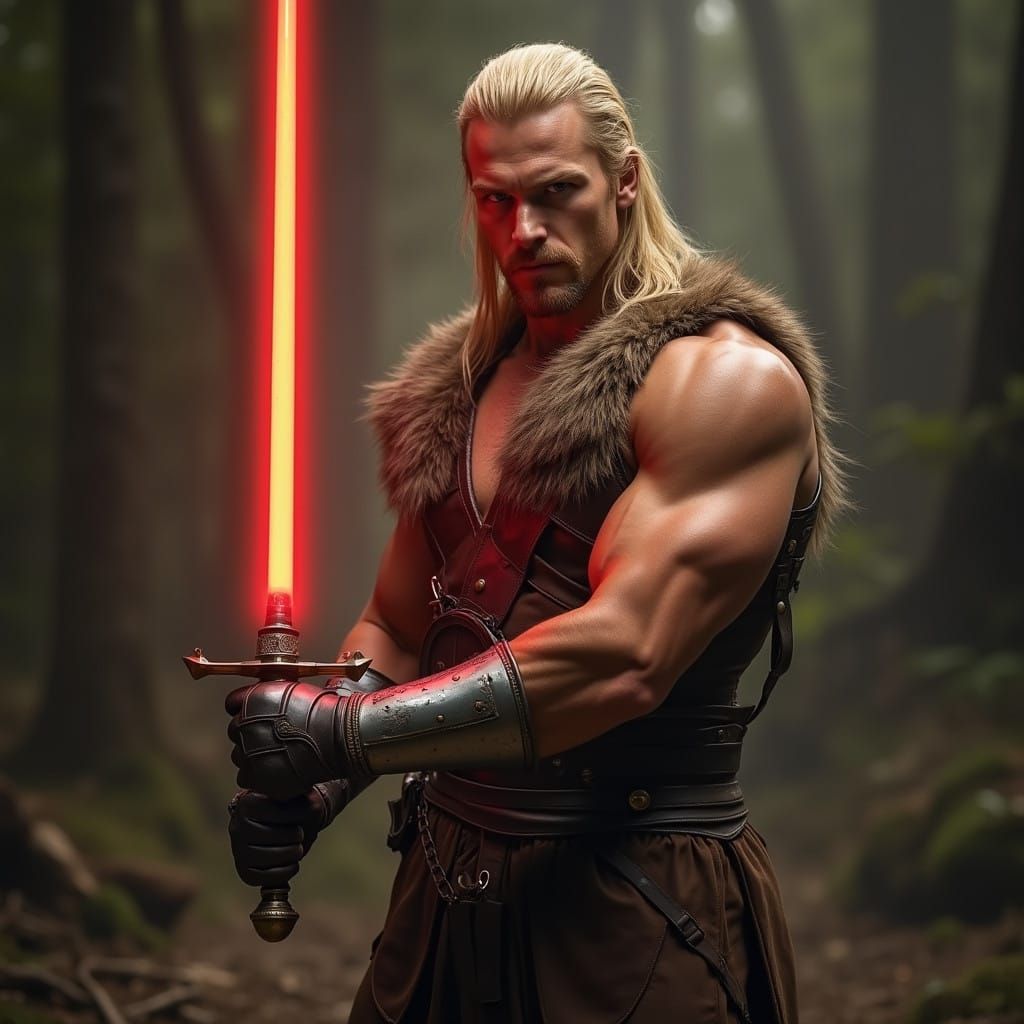 Barbarian Warrior with Red Lightsaber in Medieval Hilt