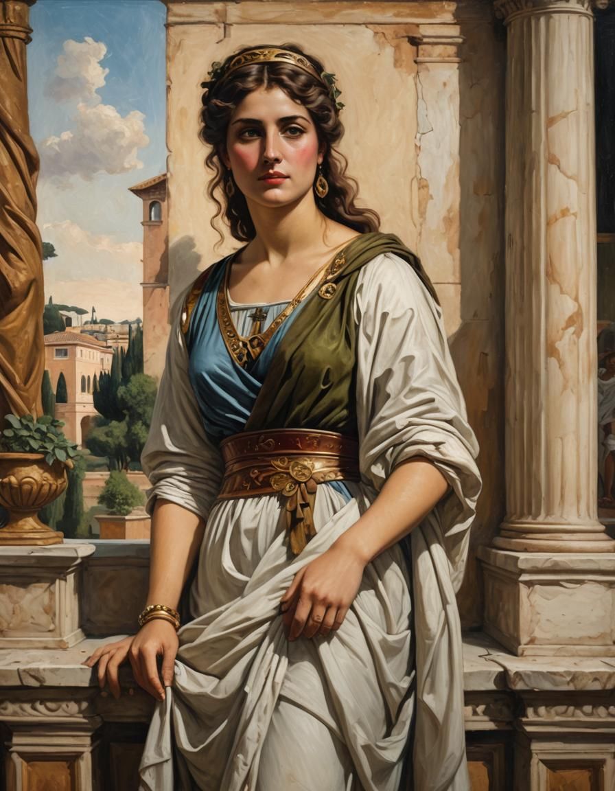 Beautiful Roman Woman Portrait in Oil on Canvas