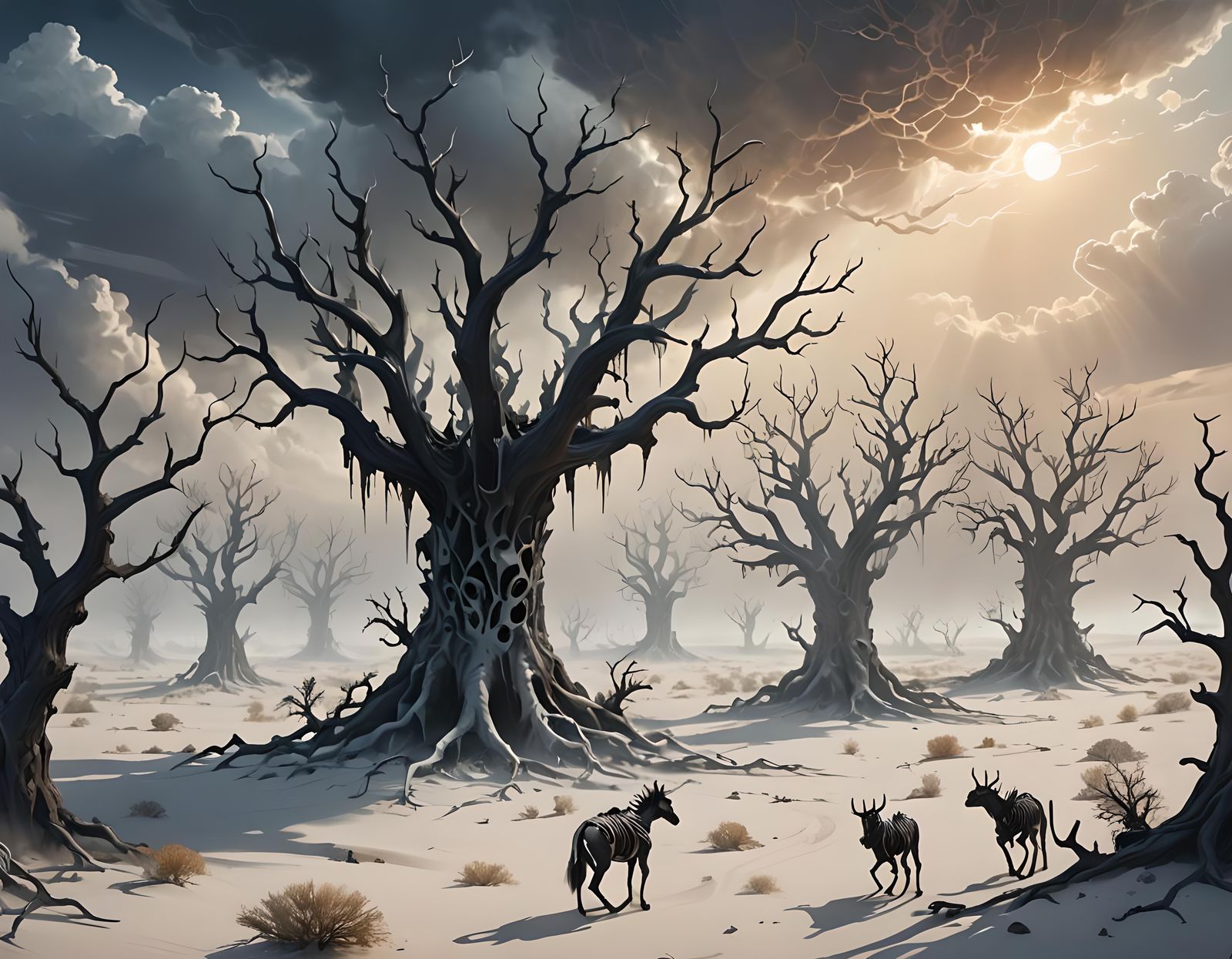 Chimerical Beasts Clash in White Desert Landscape