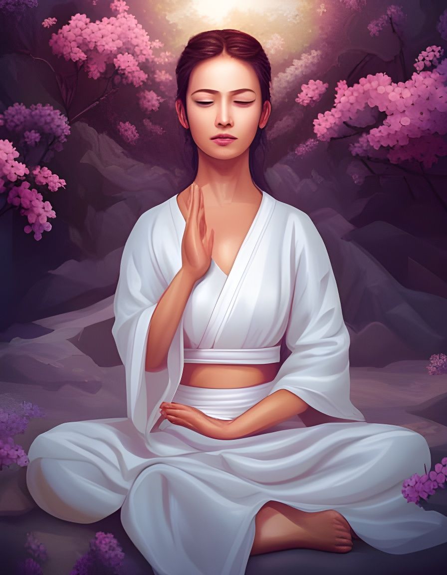 Meditating Buddhist Girl in Kimono, Hyperrealistic Style
