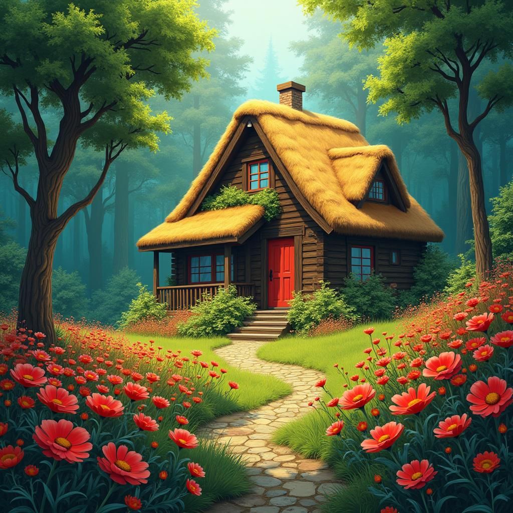 Enchanting Forest House in Digital Art Style