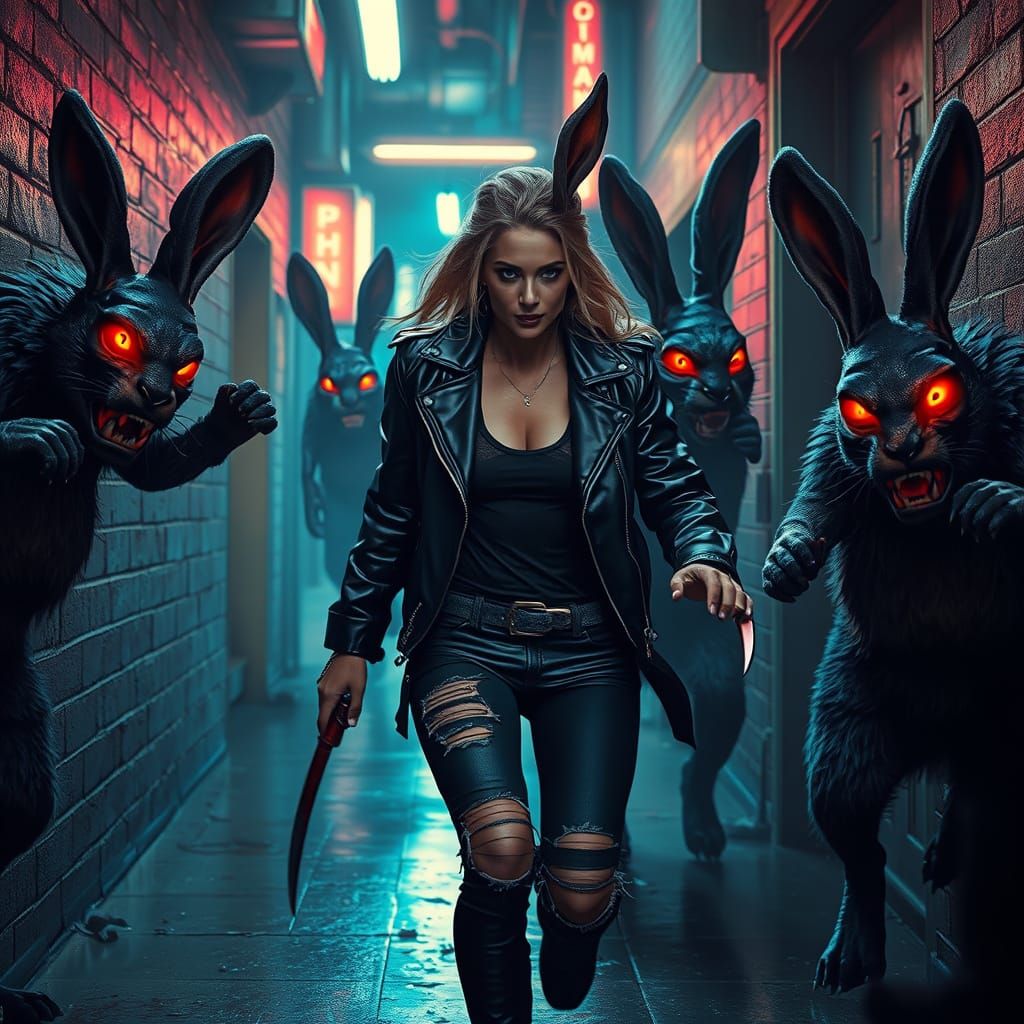 Cyberpunk Mom's Neon Alley Rabbit Chase