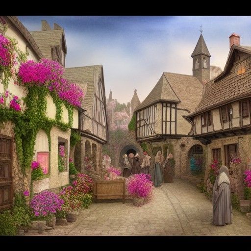Hyperdetailed Town with Flowers in Watercolor Style