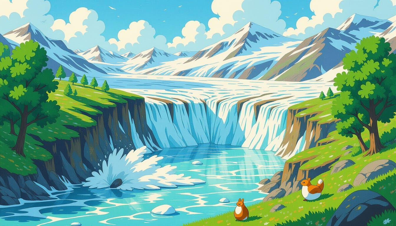 River Races Glacier Through Lush Landscape in Whimsical Styl...