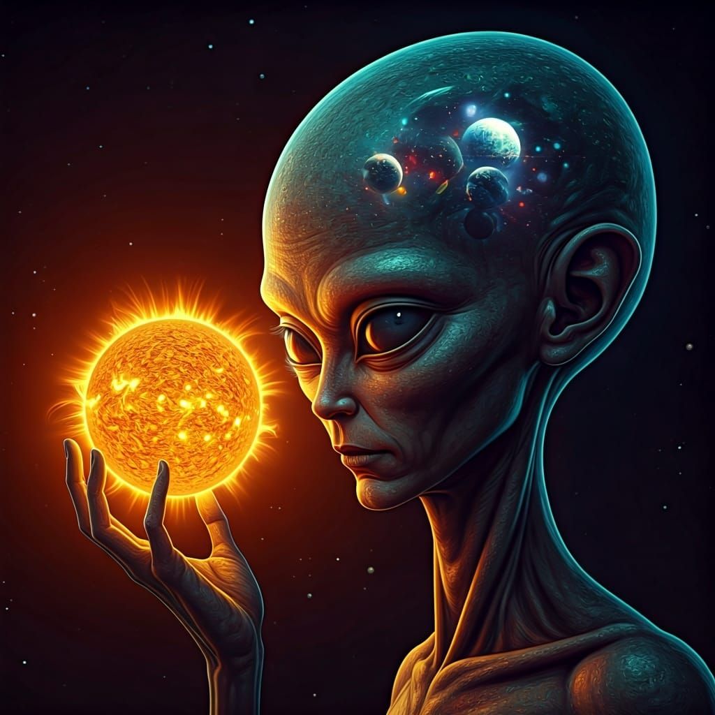 Alien Holding Sun with Galaxy Brain, Astral Illustration