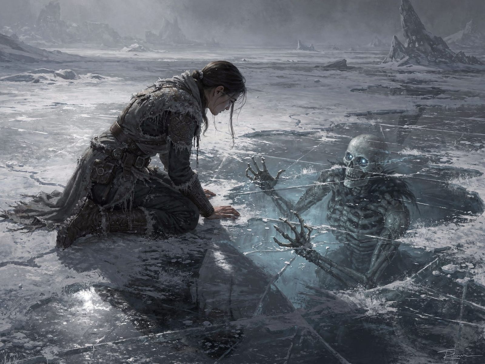 Dark Fantasy Woman Confronts Skeletal Reflection on Ice