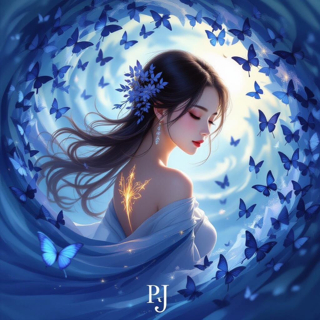Serene Asian Woman Dissolving into Butterflies