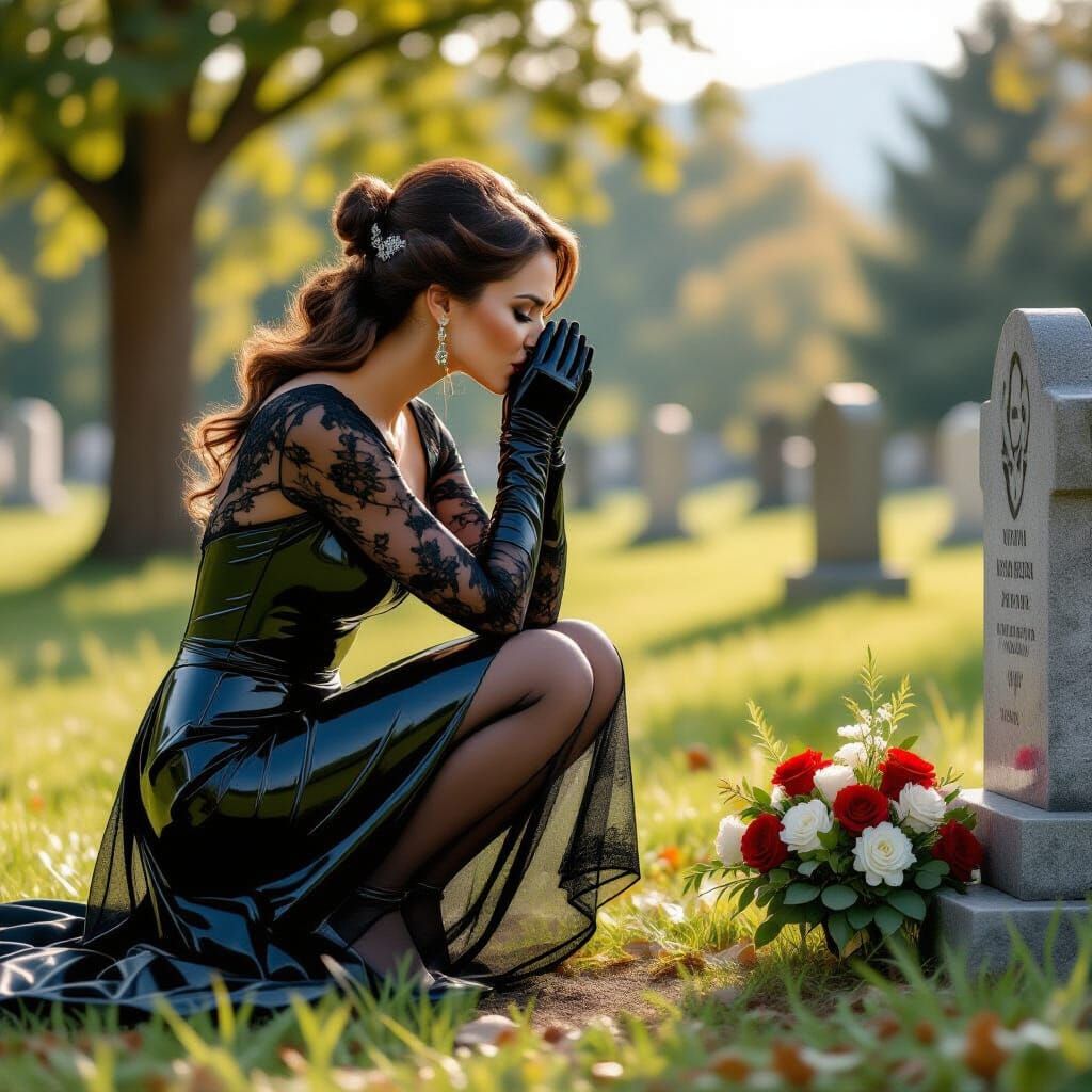 Macedonian Widow Mourning in Cemetery: High-Definition Photo...