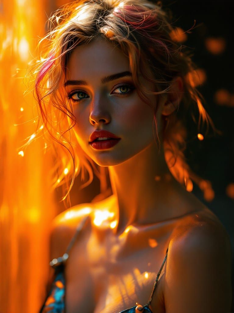 Pin-Up Woman in Luminous Twilight and Refractive Distortion