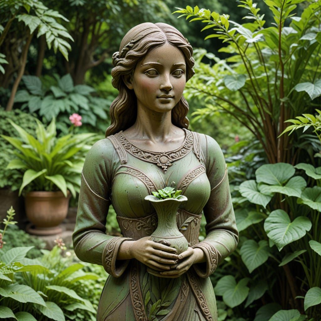 Ancient Garden Goddess in Clay Brown Sculpture