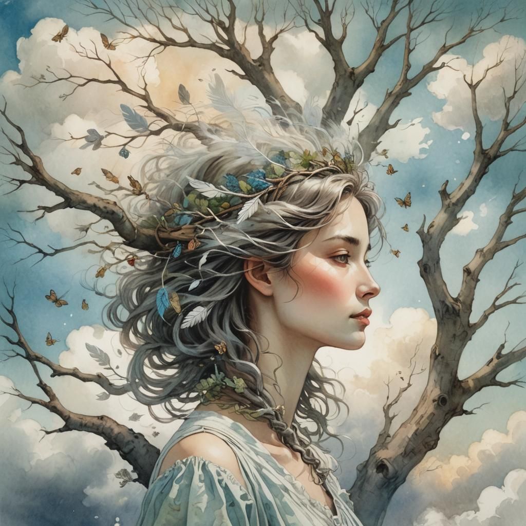 Whimsical Woman with Tree, Watercolor Fantasy Illustration