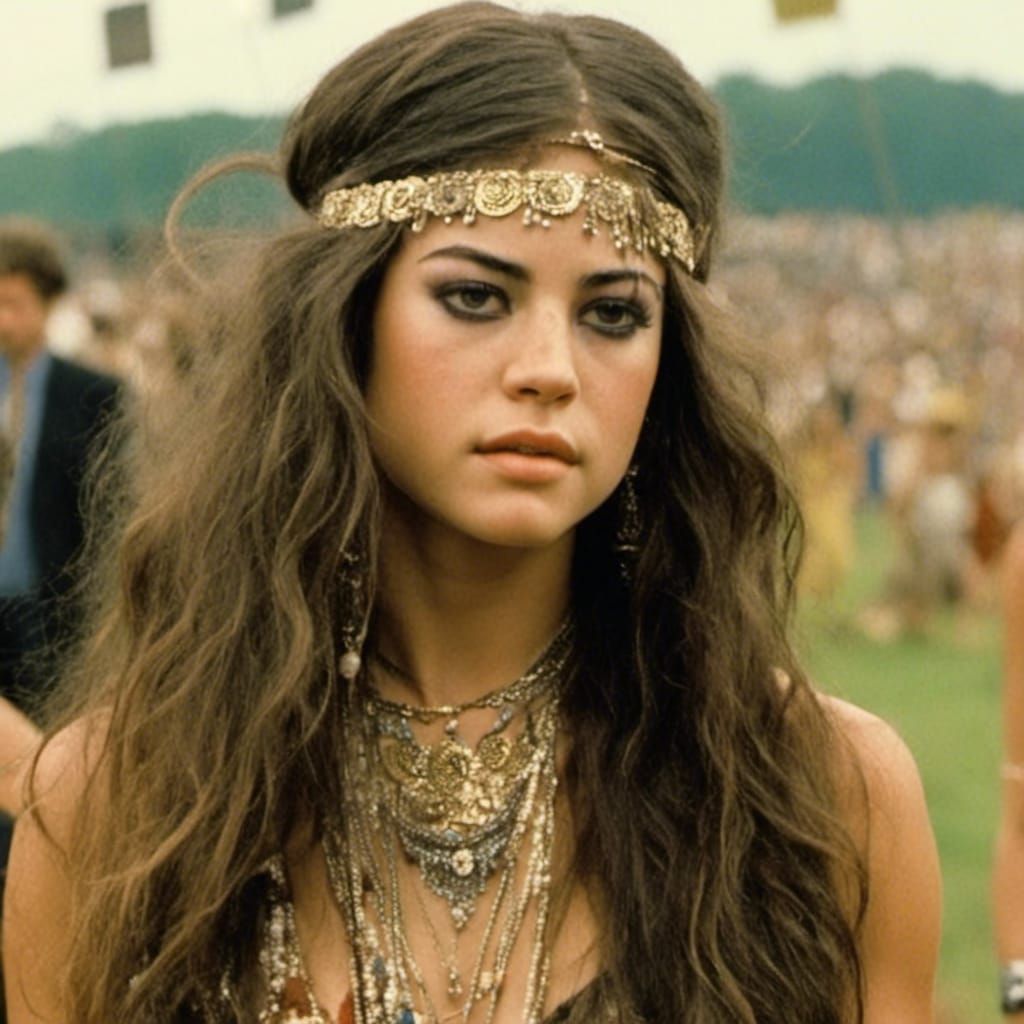 Woodstock Hippie Portrait with Long Hair and Jewellery