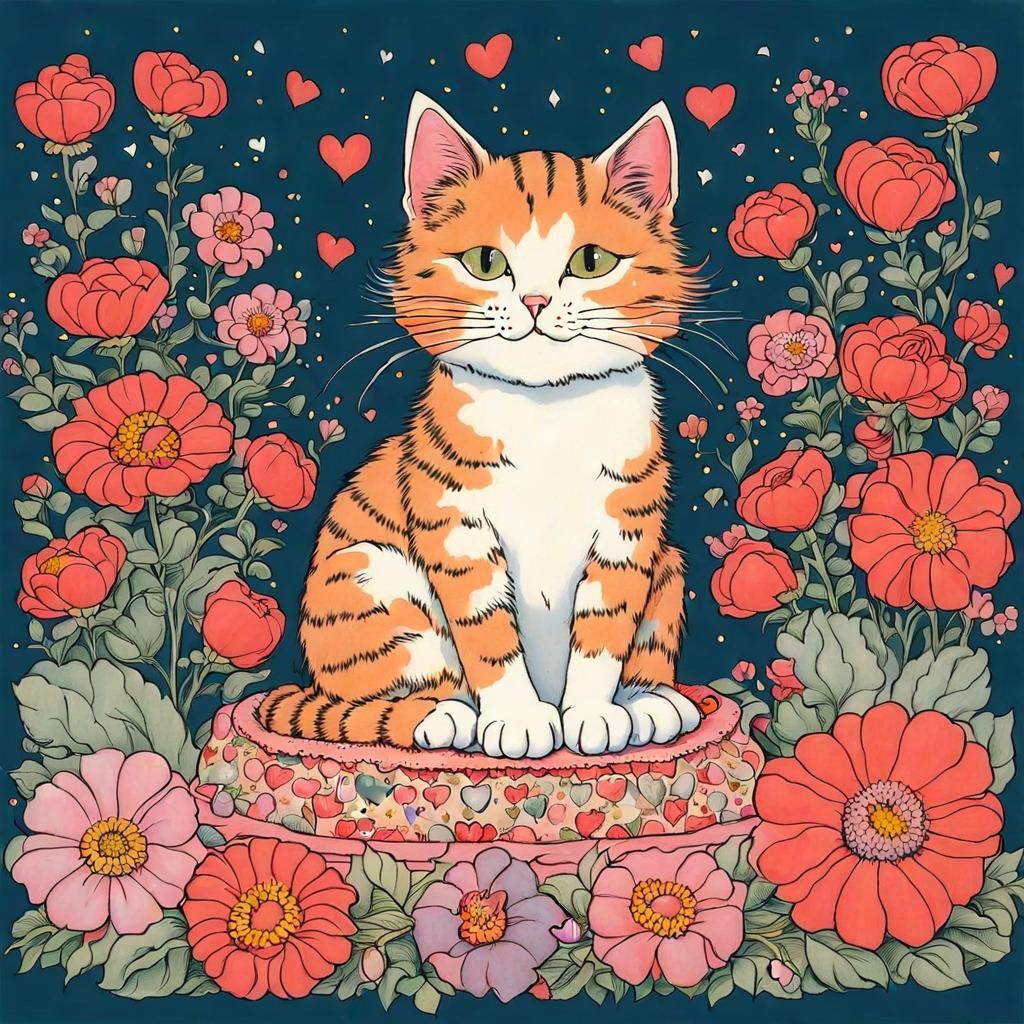 Cute Cartoon Cat Surrounded by Flowers