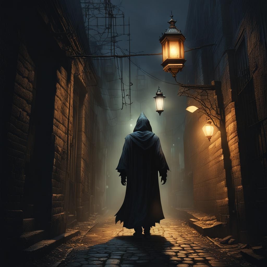 Cloaked Figure with Lantern in Spooky Alleyway