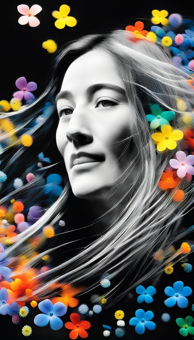 Luminescent Woman Dancing in Colorful Lupinus Flower Univers...