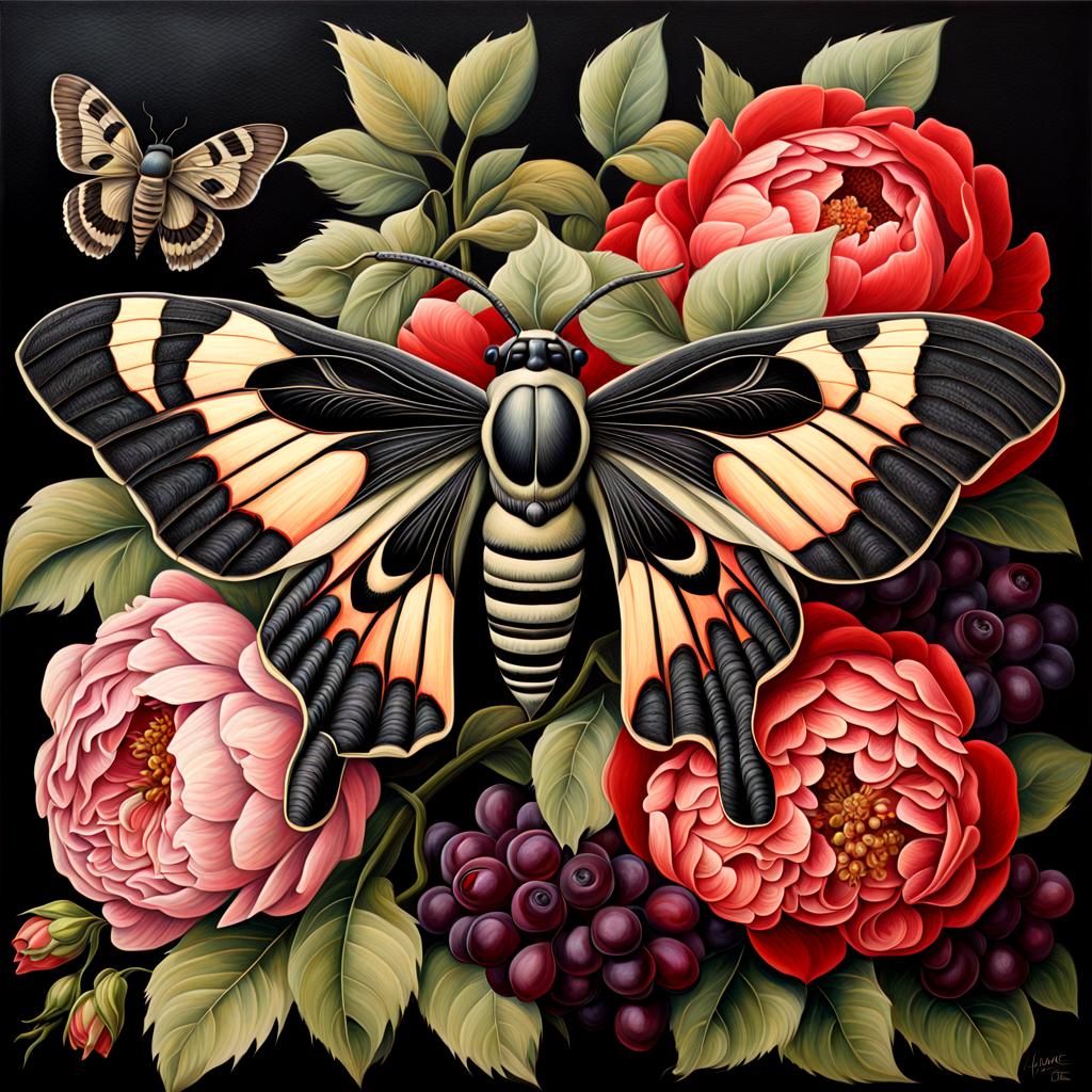 Baroque Still Life with Moth, Roses and Peonies