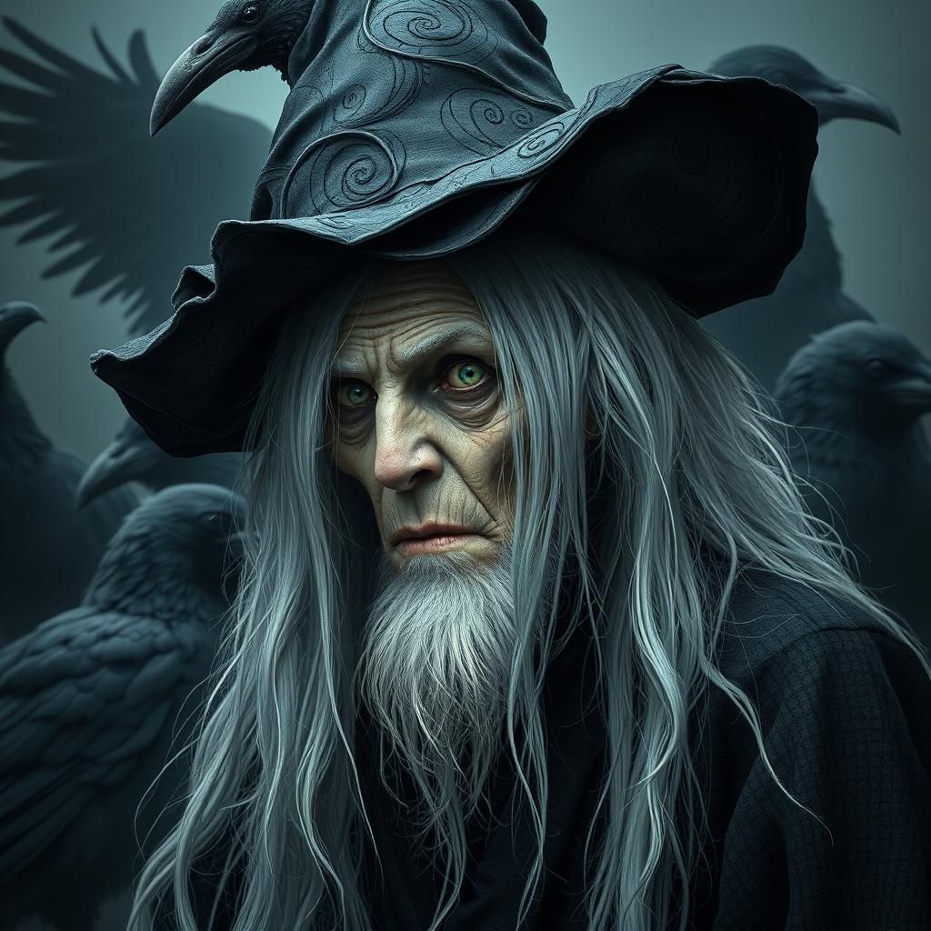 Grotesque Witch Portrait with Crows in Dreamlike Style