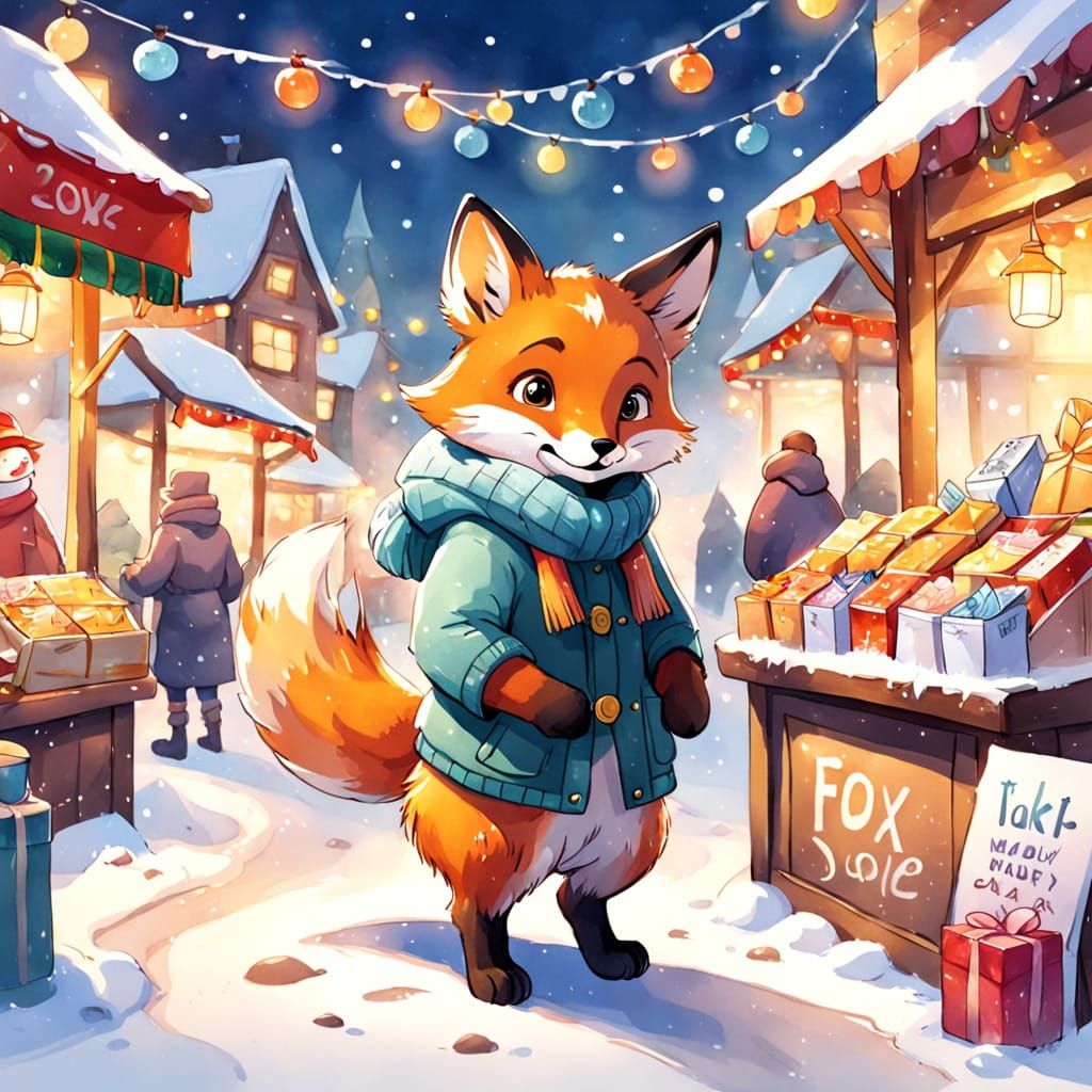 Adorable Fox Cub at Festive Christmas Stall, Watercolor Sket...