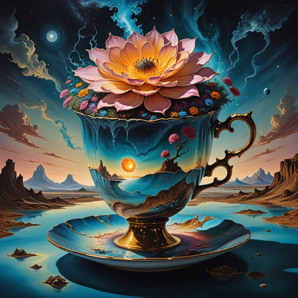 Cosmic Nebula in Cracked Teacup with Giant Flower