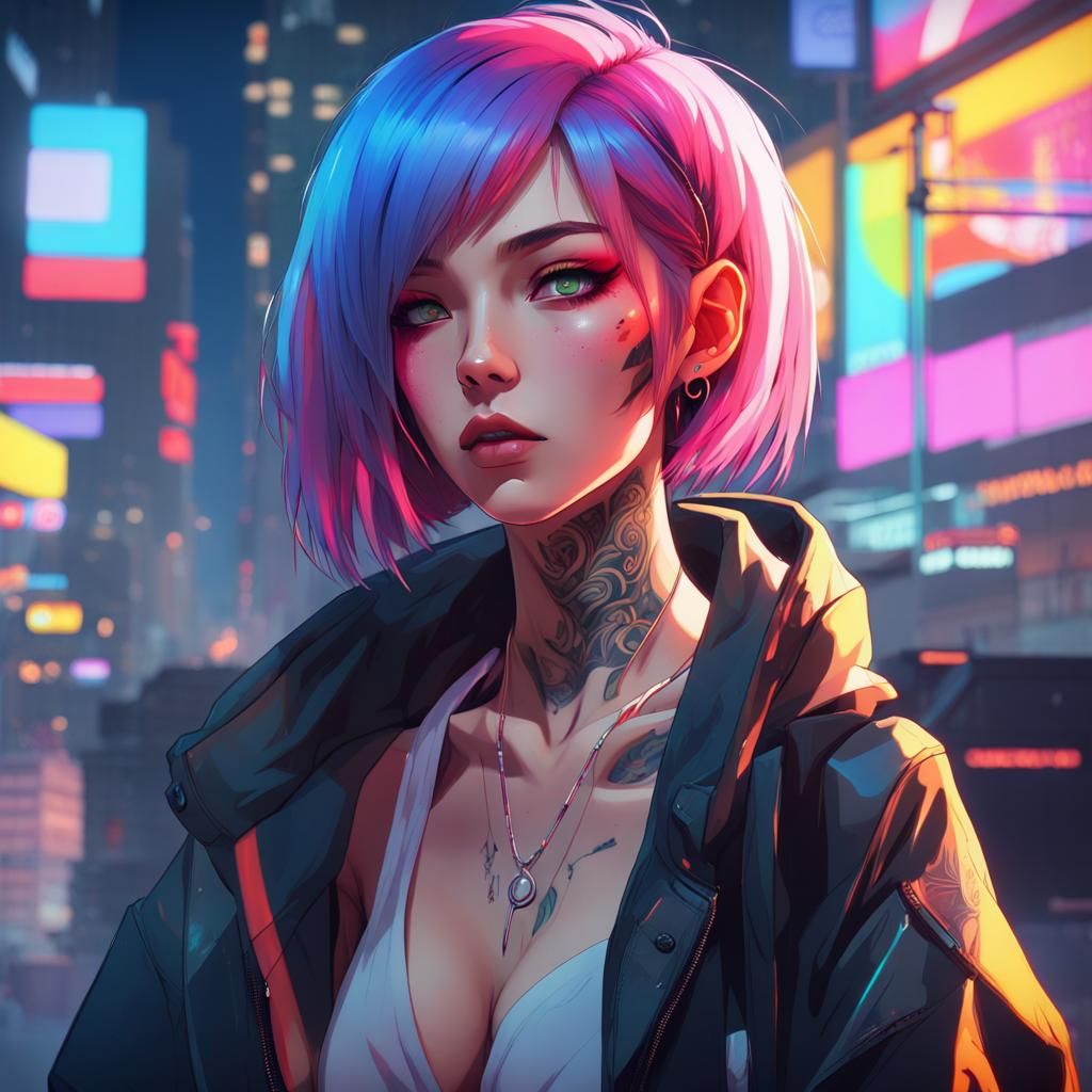 Vibrant Cyberpunk Anime Girl in Synthwave City