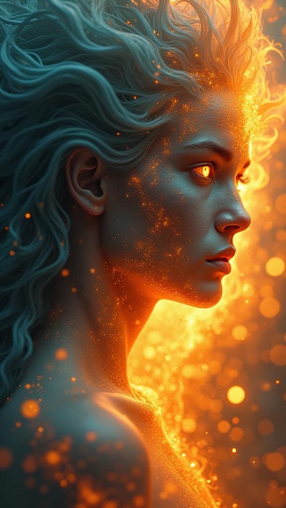 Entrancing Face Emerges from Golden Flame in Unreal Engine