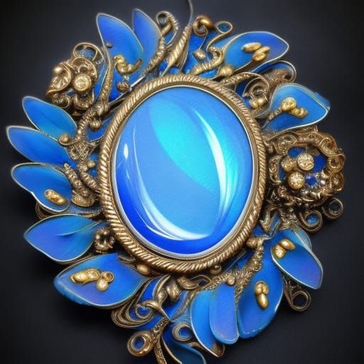 Lapis Blue Feather Brooch: Ethereal Digital Painting