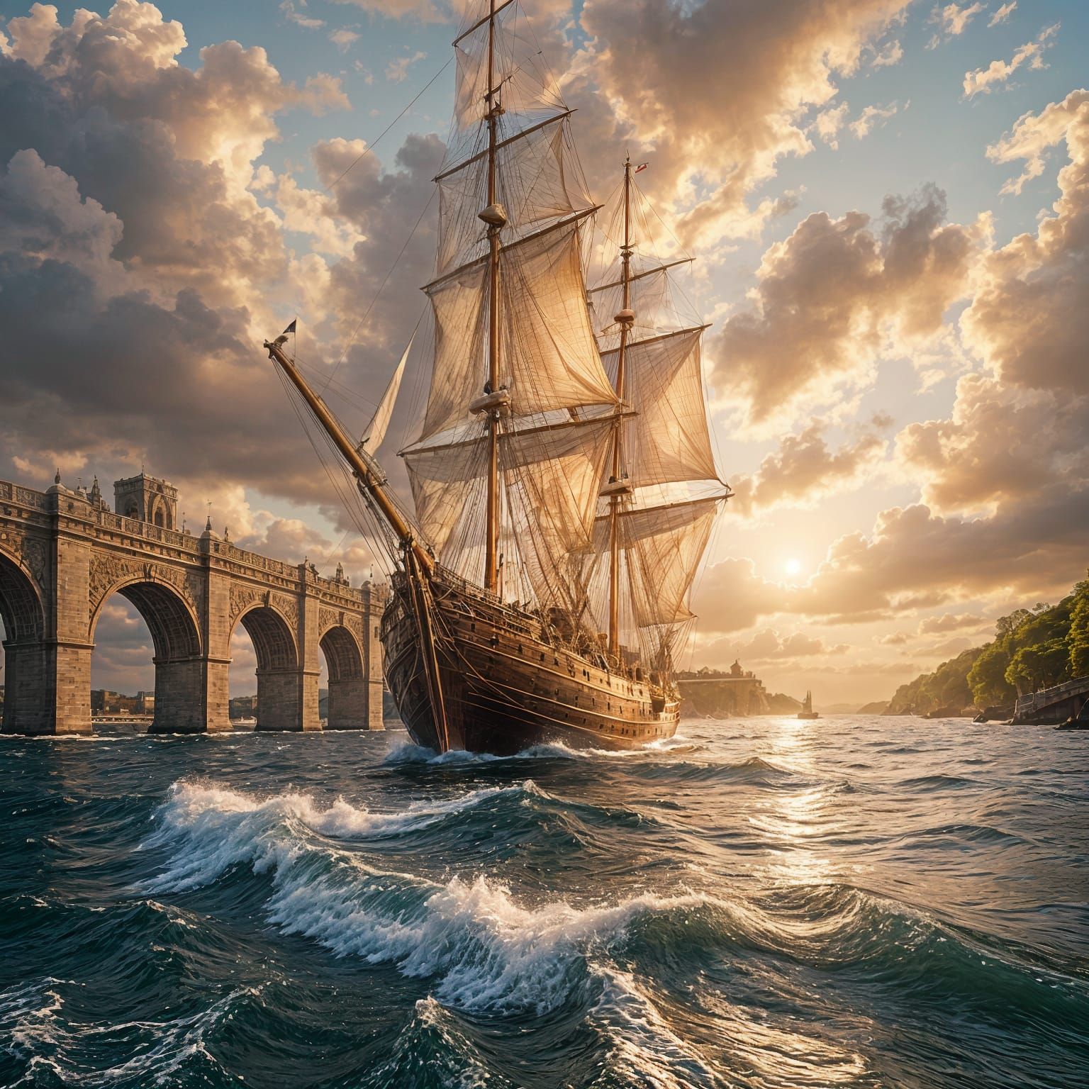 Galleon Sailing by Stone Bridge at Sunset