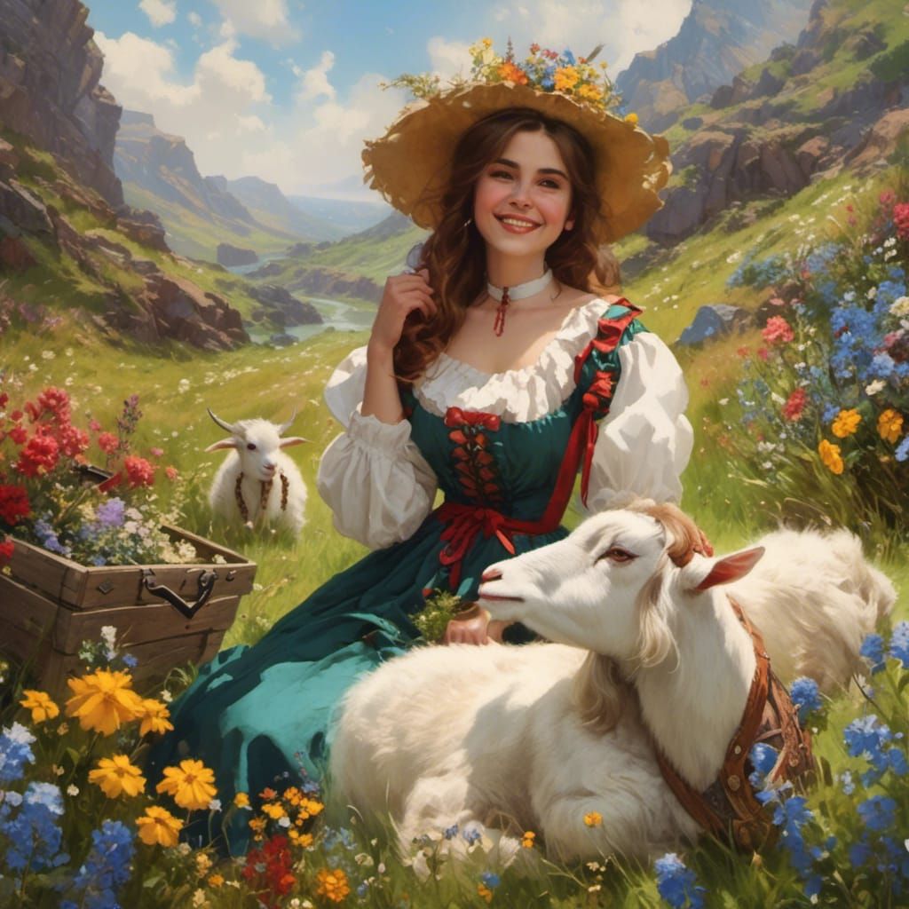 Woman in Swiss Costume in Flower Meadow