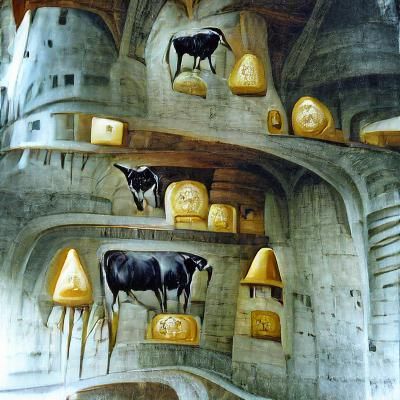 Surreal Swiss Alps Castle with Cows in Giger Style
