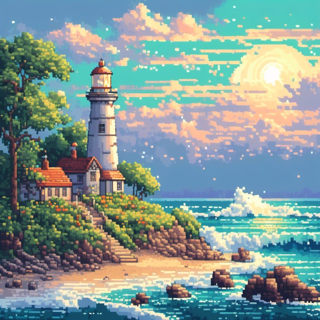 Coastal Lighthouse: Impressionist Painting Meets Pixel Art