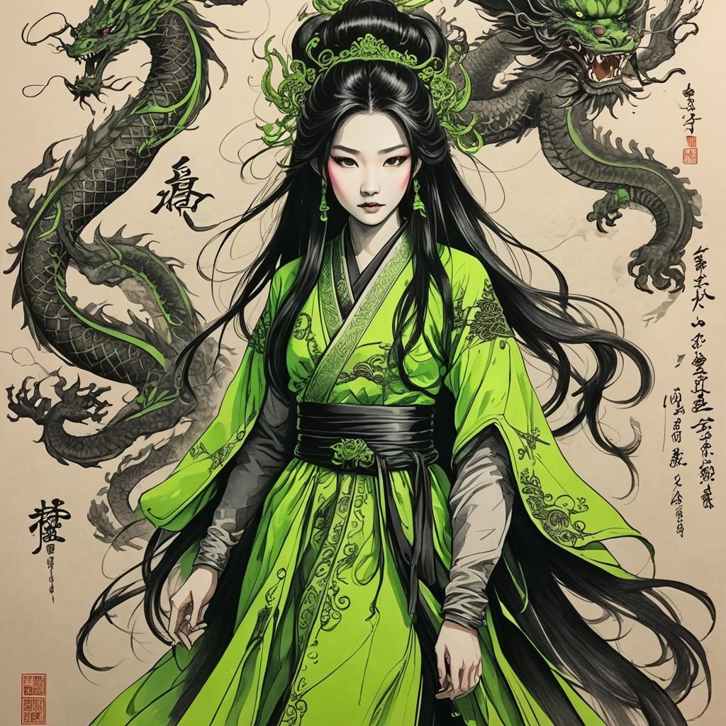 Neon Green Dragon Princess Charcoal Sketch