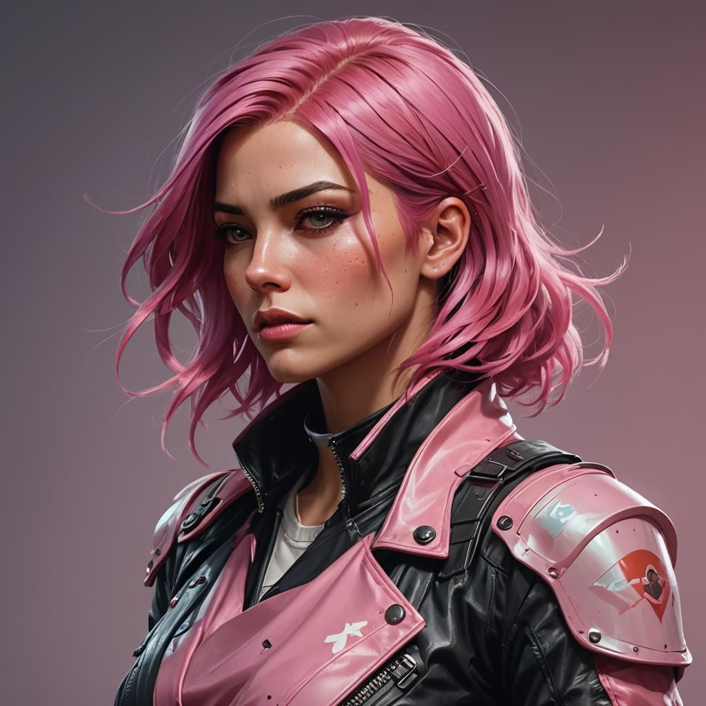 Girl wearing leathers with pink hair