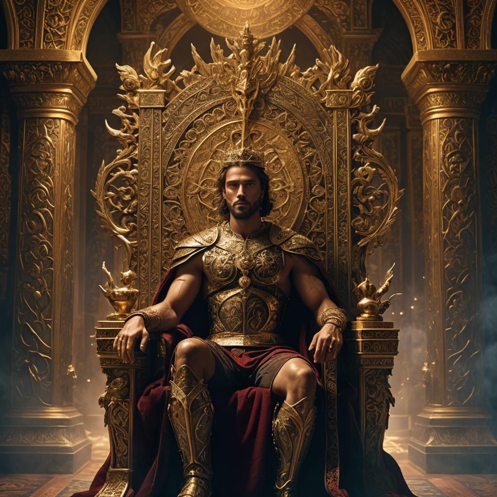 Mystical Bare-Chested King in a Throne Room