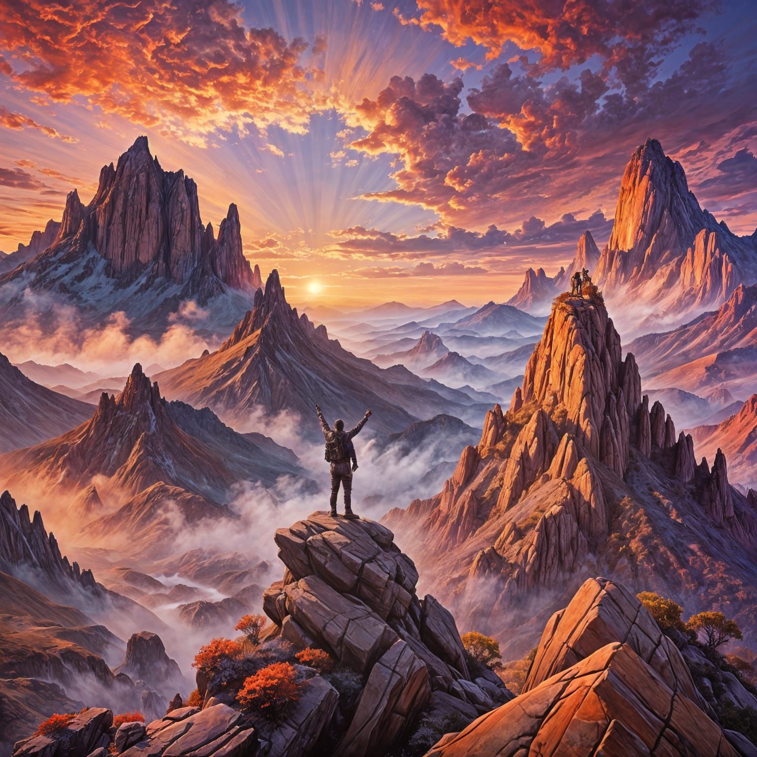 Triumphant Mountain Peak Victory at Sunset