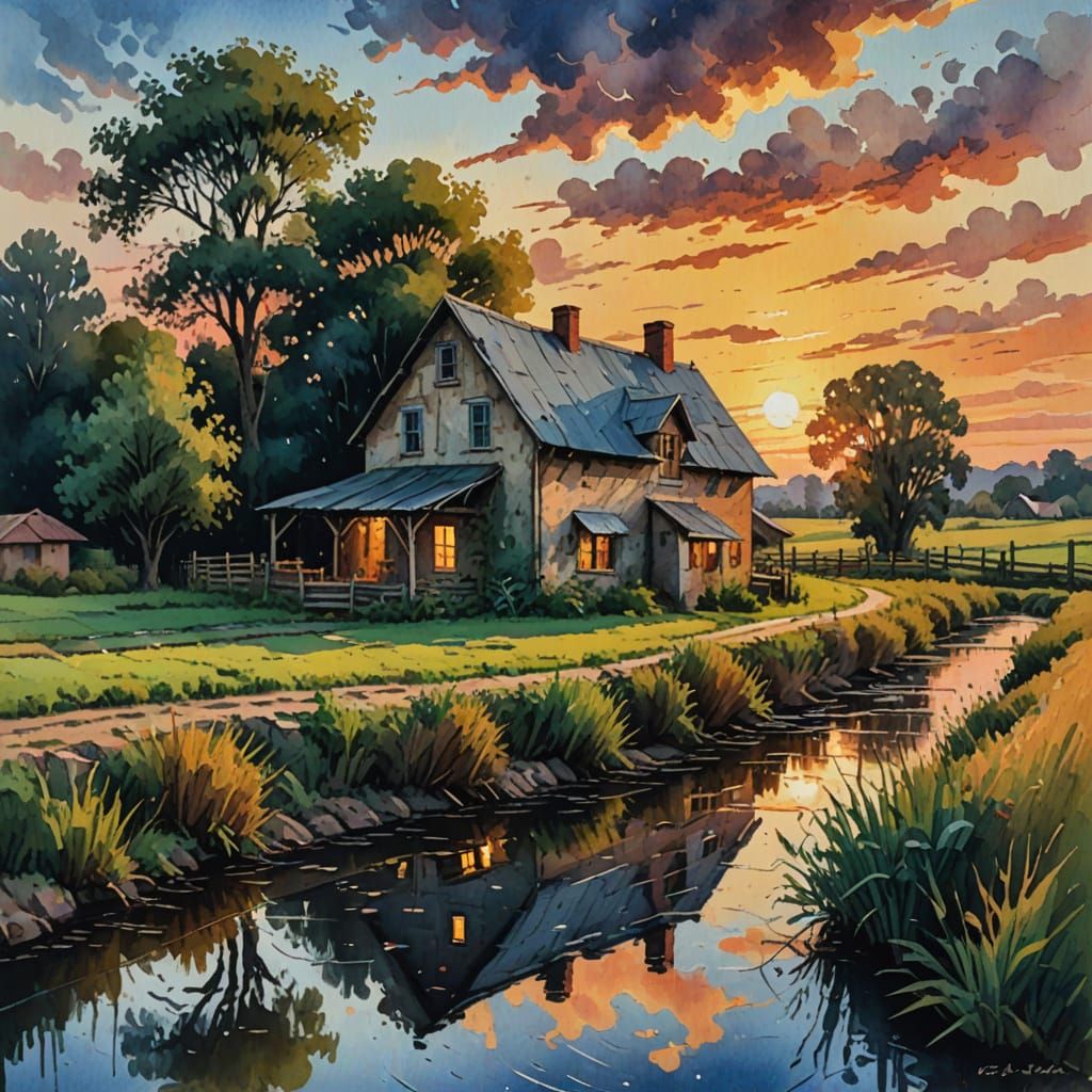 Impressionist Masterpiece of a Rustic Farmhouse at Sunset