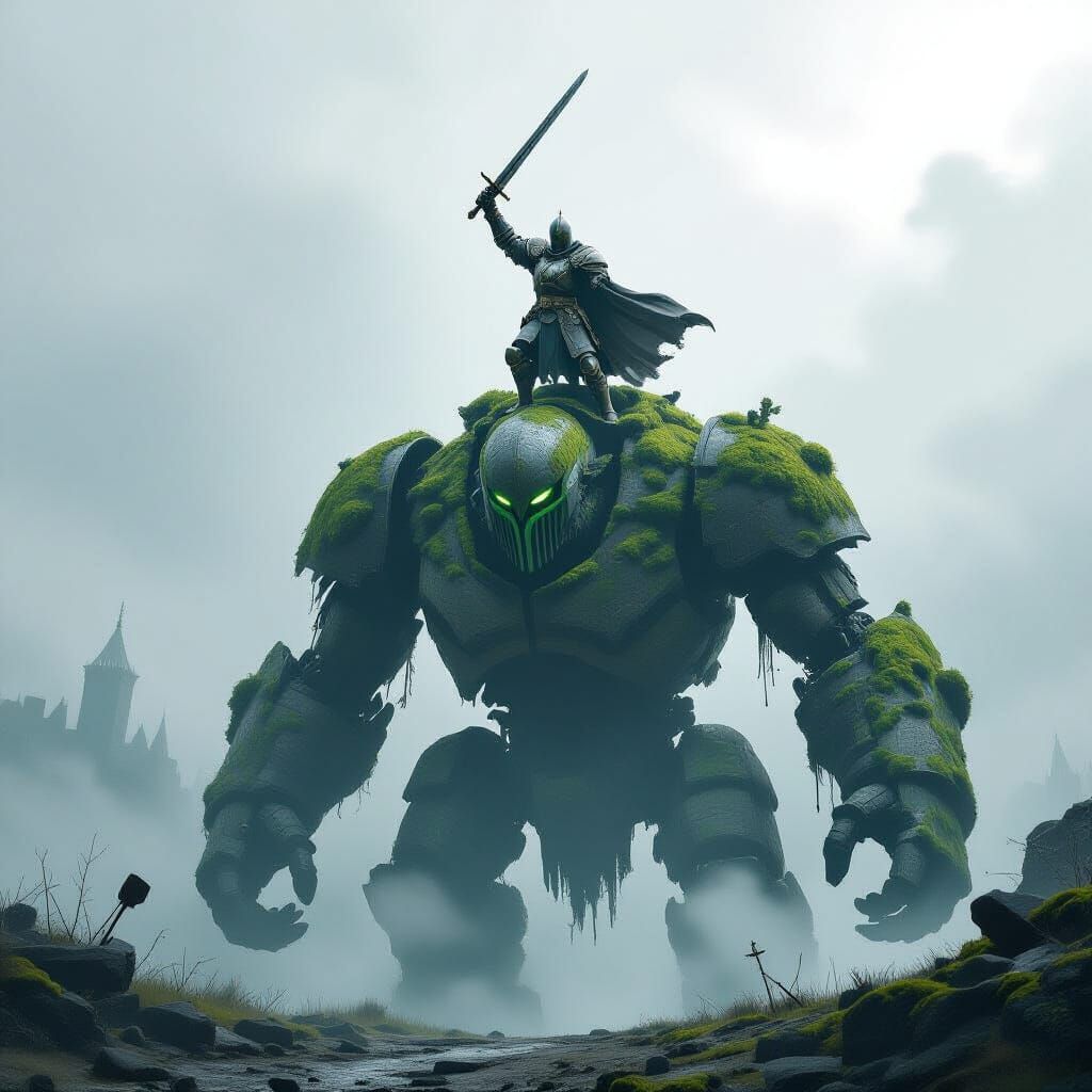Knight on Golem Overlooks Misty Battlefield
