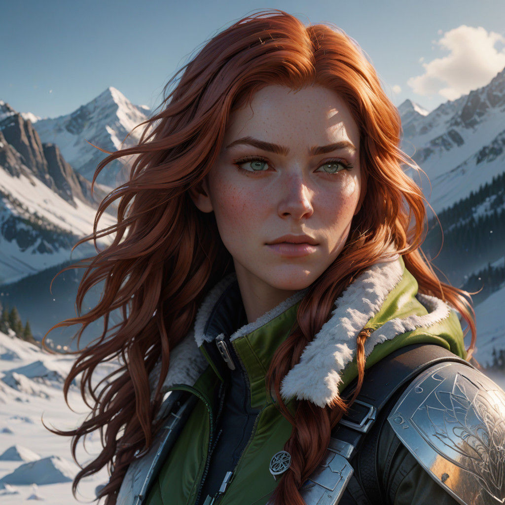 Fiery Redhead Goddess Surrounded by Frosty Mountains
