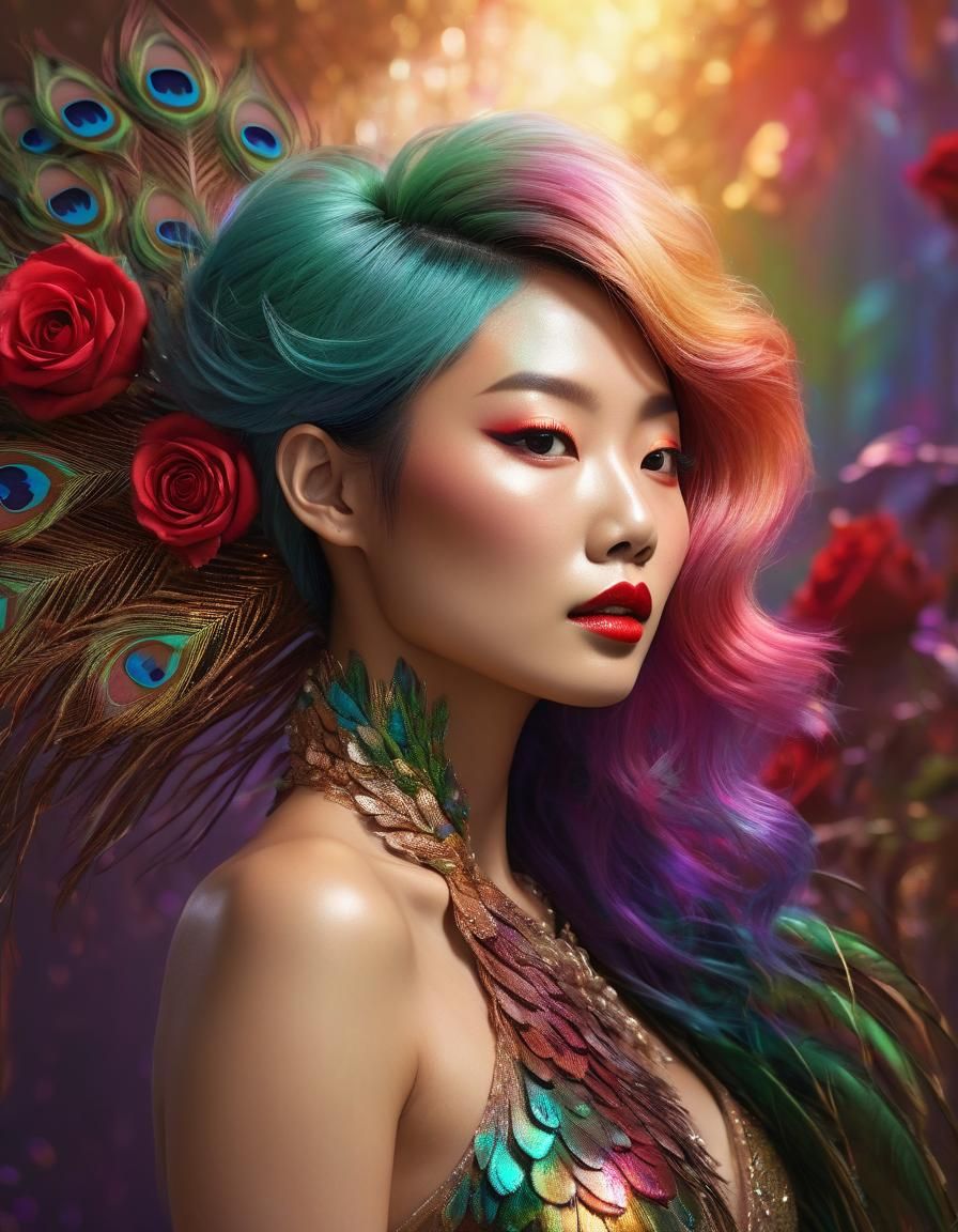 Rainbow Woman with Peacock Feathers: Digital Art