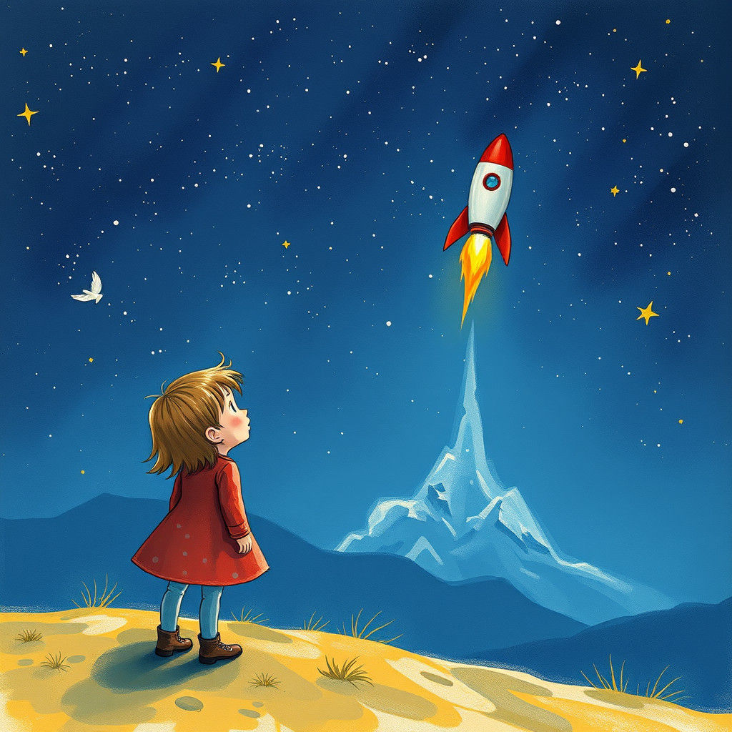 Girl Watches Rocket Ascend in Starry Night