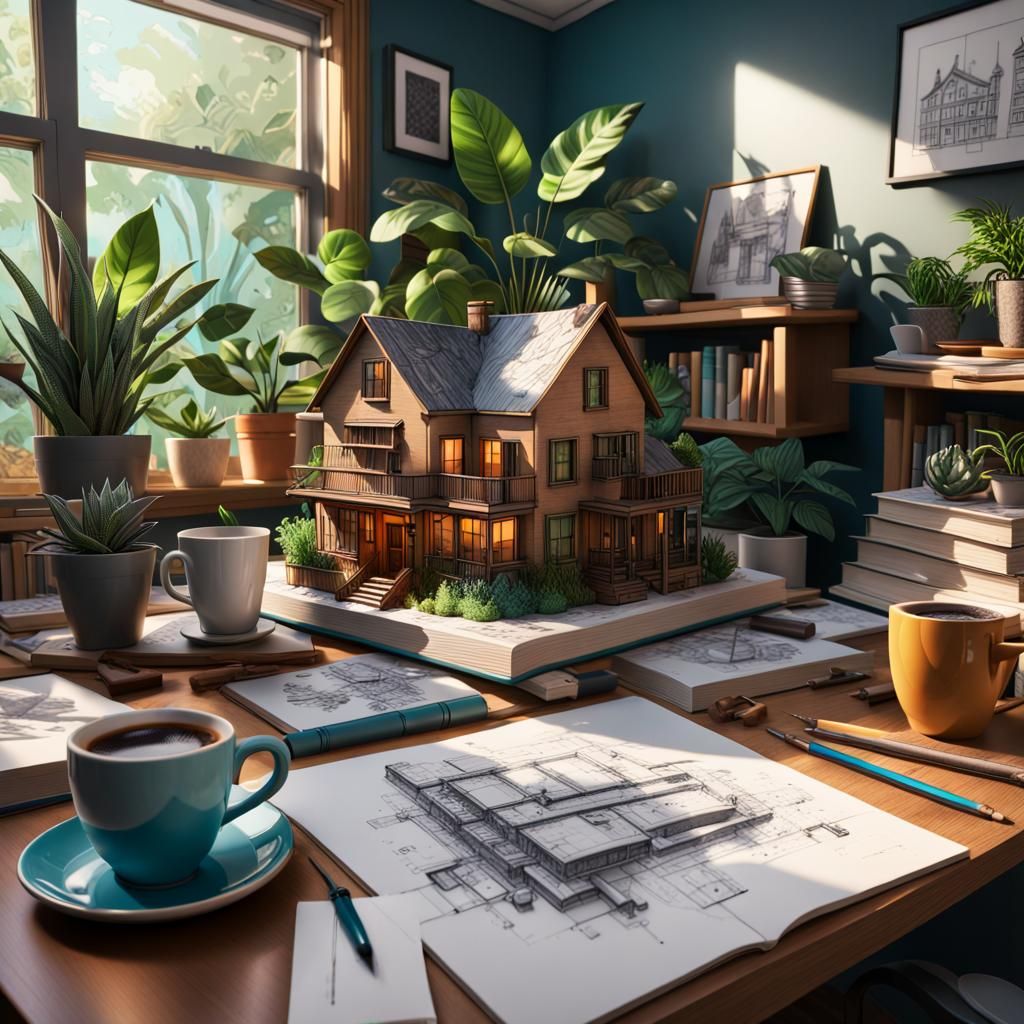 Architect's Desk with Sketches in Hyperrealistic Style