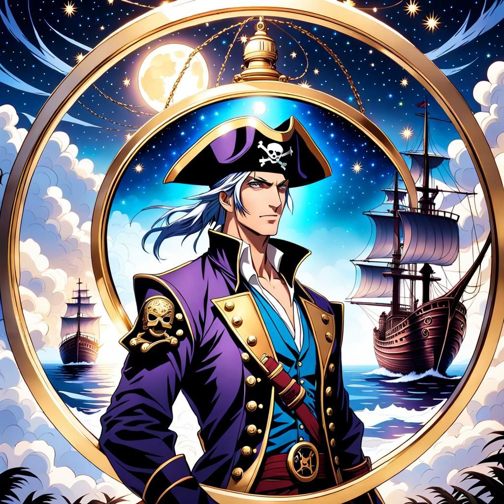 Anime Pirate Under Starry Steampunk Sky