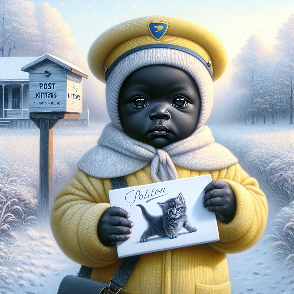 Sad Baby Postman Delivering Kitten Mail: Digital Art