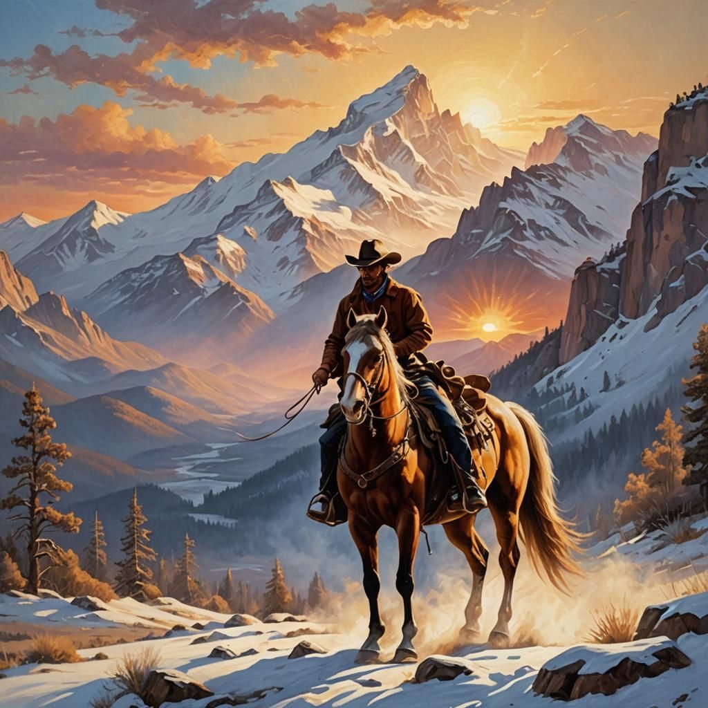 Cowboy and Horse at Sunset: Oil Painting