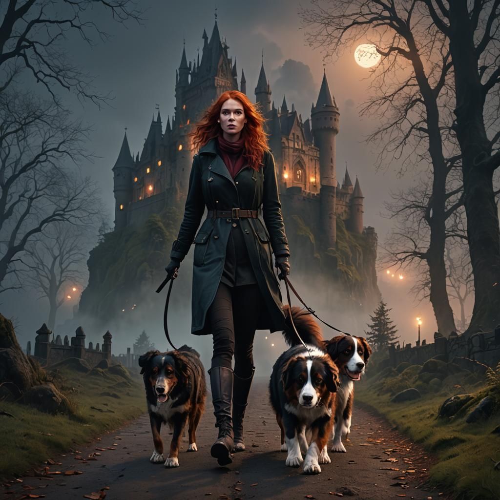 Redhead and Bernese Mountain Dog in Misty Forest